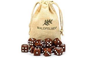 Waldfelsen 6, 12, 20, 30 o 50 dadi di alta qualità di dimensioni standard da 16 mm in acrilico, dadi da gioco a 6 lati, accessori da gioco, set con sacchetto in tessuto (marrone, 12 pezzi)