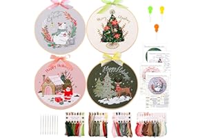 MAMUNU 4 Sets Christmas Embroidery Starter Kit with Pattern for Beginners, Embroidery Kits with Christmas Tree Elk Pattern,Cross Stitch Set with 4 Plastic Embroidery Hoops and Tools