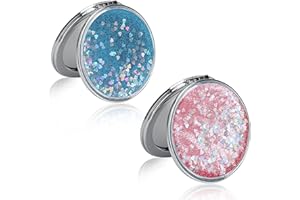 SOWBUD 2 Pcs Small Magnifying Mirror for Handbag（2x）, Double-Sided Portable Folding Metal Round Compact Mirror, Magnifying Mirror for Women Girls Students (Blue and Pink)