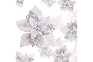 WILLBOND 36 Pieces Christmas Glitter Poinsettia Artificial Flowers Christmas Flowers Decorations Wedding Xmas Tree New Year Ornaments (Silver, Double Layer Hollow Style)