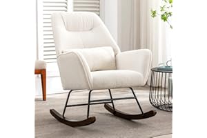 HomeMiYN Rétro Fauteuil à Bascule en Laine d'agneau Fauteuil en Laine Moderne, Chaise Berçante Confortable,Chaise à Bascule avec Pieds en Bois Massif pour Salon, Chambre, Balcon (White)