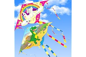 Yetech Cerf-volant monofil,2 cerf volant enfants,110*55cm,Ensemble licorne et dinosaure Kit cerf-volant,avec Queues Colorées y Ligne de kite,pour Enfants et la Famille Jeux et Activités de Plein Air