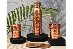 India House 100% Pure Copper Hammered Bottle with 2 Glasses 2 Straws and 2 Coasters/Water Bottle/1000ml/Exercise/Meditation/Gym/Yoga