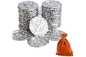 V2CROFT 100 Metal Pirate Coins, Silver Treasure Coin Set, Metal Replica Spanish Doubloons for Board Games Tokens, Kids Cosplay Pirate Party Treasure Chest Coin (1.18'')