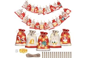 ‎GRANDFUN Adventskalender Tüten zum Befüllen Stoff Weihnachtskalender 2025: Bonus LED 24 Säckchen zum Befüllen DIY Adventskalender Selber Basteln Jutesäckchen Stoffsäckchen, Tüten Weihnachten Nikolaus Säckchen