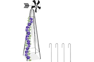 Relaxdays Rankhilfe mit Windrad, Kletterhilfe für Rosen und Kletterpflanzen, mit Erdanker, Stahl, 184 cm hoch, schwarz