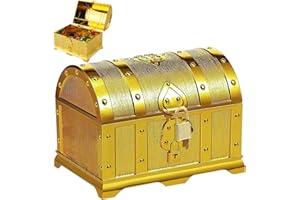 BouGPeng Cofre del Tesoro Oro Plástico Adecuado para Fiesta y Joya - Pequeño con Cerradura y Tapa para Regalo Infantil (14x11x10 cm)