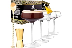 Vemacity,Lot de 4 verres à martini de luxe, cuillère à cocktail dorée et doseur,Grands verres à martini inclinés à motif de fruits de la passion et expresso + eBook de recettes (français non garanti)