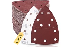 Zaxiva 60 Piezas de Papel de lija Para Lijadora de Detalles de Ratón, Grano 40 60 80 120 180 240, Lijas Para Lijadora Triangular Profesional Para lijar y Pulir, Lijas con 11 Agujeros y Paño Adhesivo