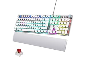 TECURS Clavier Gaming Mécanique - Clavier Gamer Programmable avec Repose-Poignet Magnétique, Switchs Rouges, 19 Modes LED, Touches Multimédia, Clavier AZERTY PC/Wins,Blanc