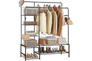 SONGMICS Perchero, Armario Abierto, con 7 Estantes, Estructura de Metal, Barra de Colgar, para Dormitorio, Salón, Entrada, Negro HSR182B01