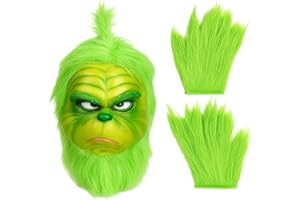 JcvPot Grinch Kostüm, Furry Head Mit Handschuhen, Grünes Monster Kostüm Für Erwachsene, Weihnachts- Und Halloween-Partys, Latex-Maske 31 X 22 Cm, Handschuhe 23 X 15 Cm