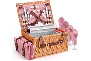 Cesta Picnic 4 Personas, Couleeur Set de Picnic de Mimbre con Bolsa Aislante, Manta de Picnic Impermeable y Juego de Cubiertos, Cesta de Picnic para Camping,Rosa