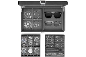 VLANDO Watch Box, Textured Leather Mens Jewellery Box with 6 Slots Watch Case, Lockable 2-Tier Watch Storage,Velvet Lining, Gifts for Mens, (Black+Grey Lining)