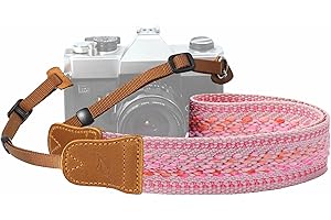 Padwa Lifestyle Speed Pink Camera Strap - 1.5" Soft Cotton Rope Weave Crazy Horse Cowhide Head Camera Straps for Photographers and All Cameras,Cute Adjustable Vintage Woven Strap for Adults & Kids