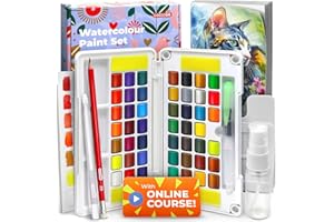 colozoo 48 Watercolour Set con curso de vídeo, pincel con depósito, 10 hojas, paleta, bolígrafo de gel blanco, botella de spray, lápiz, esponja - todo en una caja de viaje.