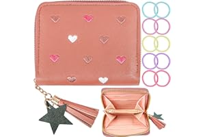 KUFAERBEAM Girls Purse and Wallet With Tassels - Small Kids PU Leather Star Pendant Coins Pocket With Embroidery Hearts for Teens and Women (Pink)