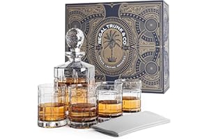 REGAL TRUNK & CO. Set di decanter per whisky | Set di 4 bicchieri quadrati incisi con decanter per whisky e bicchieri | Viene fornito in confezione regalo e con panno per lucidare il vetro