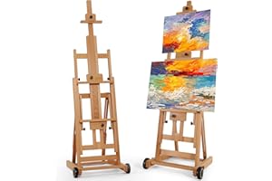 VISWIN Collapsible H-Frame Easel, Hold 1 or 2 Canvas up to 198 cm, Adjustable Beech Wood Easel for Painting, Movable Tilting Flat Floor Art Easel Stand, Studio Art Easel for Adults, Artists - Natural