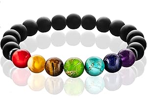 FABACH Chakra Perlenarmbänder mit 8mm Schmuckstein-Perlen, Lavastein und Onyx-Stein (schwarz) - Yoga Armbänder aus Heilsteinen - Energiearmbänder für Damen und Herren