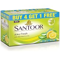 Santoor Aloe Fresh Soap with Aloe Vera and Lime, 125g (Buy 4 Get 1 Free)