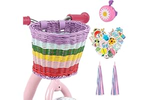 ELEPRUC Cesta de Bicicleta para Niños, Canasta para Bicicleta con Timbre, Serpentinas, Pegatinas, Canasta para Bicicletas Tejida a Mano