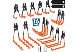 BONTEC Lot de 16 crochets muraux orange à visser, charge 439 kg sur bois/brique, support vélo, accroche vélo mural garage, crochets U J et ondulés, rangement outils mural garage, atelier, abri, van