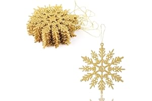VEYLIN Christmas Hanging Decorations, 12PCS Glitter Snowflake Ornaments for Trees (Gold)