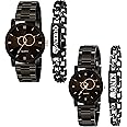 CERO Pack of 4 Black Metal Strap Analogue Watch and Bracelet Combo for Couple Watches (Black Metal)