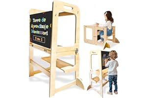PROMISTIK Torre de Aprendizaje Plegable Mejora la Independencia - Torre Aprendizaje Montessori 3 en 1 Mesa Actividades Bebe 1 Año y Escalera Montessori Madera y Torre Montessori Plegable Mejora Cognitiva