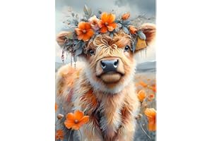 DPHERO DIY Highland Cow Diamond Painting Kits for Adults,5D Cow Diamond Art Kits for Beginners,Round Full Drill Flowers Diamond Painting Art,DIY Painting by Numbers Diamond Art Painting 12x16 inch
