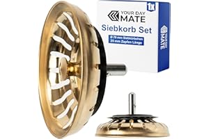 YOUR DAY MATE Kosz sitkowy do zlewozmywaka, 1 opakowanie, Ø 79 mm, kolor złoty, szyszek wystaje 25 mm głęboko w odpływ, Ø 7,8 mm, część zamienna do zlewozmywaków kuchennych, sitko odpływowe, zawór sitkowy do zlewu