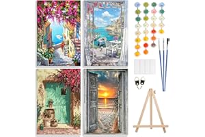 GHHKUD Pintar por Numeros Adultos, Pack 4 Kit de Pintura por Números, con Pinceles, Pigmento Acrílico, Pintura de Dibujo DIY, Paisajes Paint by Numbers Kits 20X30CM, Flower Town