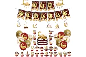 ZSYIULIA 44Pcs Eid Ramadan Decorations: Eid Mubarak Party Balloons, Banners, Cake Toppers & Hanging Swirls (Red, Gold)