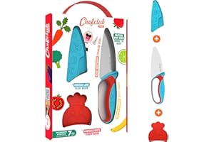 CHEFCLUB KIDS Chefclub Network Cuchillo de cocina - Cuchillo de plástico y acero inoxidable con protector de dientes y protector de lámina, herramienta segura y ergonómica, recomendada para 7 años