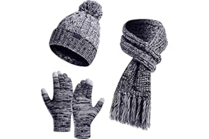 FEOYA Women Beanie Hat Tassel Scarf Touchscreen Gloves Set for Autumn Winter and Spring Thick Plush Lined Knit Pompom Skull Cap Neck Warmer Mittens