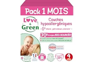 Love & Green - Couches Bébé Saines et Ecologiques - Taille 4 (7-14 Kg) - Pack 1 Mois (184 Couches) - Absorbante, anti-fuites et sans ingrédients indésirables