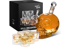 OS OAK & STEEL ENGLAND Oak & Steel - Decanter per Whisky e Grappa a Forma di Teschio (700 ml) - Include Bicchieri (75ml) e Tappo in Vetro - Confezione Regalo con Design Raffinato