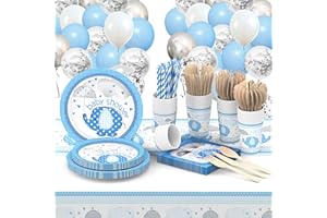 AinDen Elefant Babyparty Deko Junge, Baby Shower Deko, Babyparty Geschirr Set, It's a Boy, 177 Stück mit Papier Teller Becher Servietten Tischdecke Blau Luftballoon