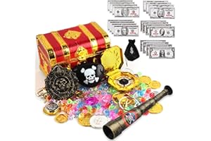 BINGGUNYO 159 Pezzi Forziere Pirati, Tesoro Pirata Monete d'Oro, Forziere dei Pirati per Bambini, Scrigno del Tesoro dei Pirati con Telescopi Bende Sull'Occhio Bussola, per Halloween Party Giocattolo Deco