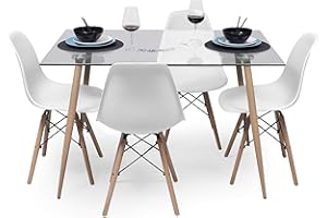Homely - Conjunto de Comedor o Cocina de diseño nórdico Cairo Nordic, Mesa de Cristal de 120x80 cm, 4 sillas nórdicas Color Blanco