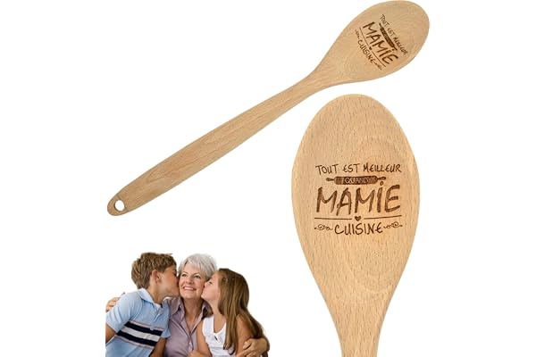 ERNESTINE - Cuillère en bois Mamie cuisine personnalisée avec texte - cadeau anniversaire Noël fête des grands mères - ustensile naturel gravé - spatule en bois
