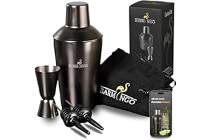 BARMINGO Shaker Cocktail Kit | 5 Pièces, Volume de 500 ML, Noir Métallisé | Shaker Cocktail INOX avec Accessoires de Bar | Set Barman Cocktail Shaker | Kit Cocktail Professionnel