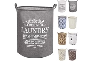 LessMo 17.7" Laundry Hamper, Collapsible Storage Basket With Easy Carry Handles, Waterproof Round Cotton Linen, for Baby Products, Toys, Bedroom Hamper Deluxe
