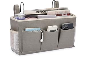 IGNPION Canvas Bedside Hanging Storage Pockets with Metal Hanging Hook Adjustable Hanging Tape Dormitory Bed Organiser Caddy Mulit-purpose Hanging Storage Bag for Home Office School Hospital, Grey