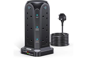 KLINTOS Tower Extension Lead 2M, 12 Way Extension Tower with 6 USB Slots (2 Type C & 4 USB A), [13A 3250W]Surge Protection Extension Lead with 4 Independent Switches, Multi Plug Extension for Home, Office