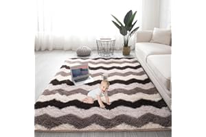 Gsogcax Rugs Living Room 4'×5.3' Super Soft Fluffy Area Rugs for Bedroom Shaggy Anti-Skid Comfortable Large Rugs Indoor Modern Home Decor Floor Carpet - Brown Wave 120x160
