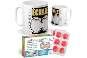 mundohuevo Pack Taza + Caramelos divertidos HUEVÍNFORTE – Regalo gracioso para amigos, parejas y cumpleaños – Humor con un par de huevos