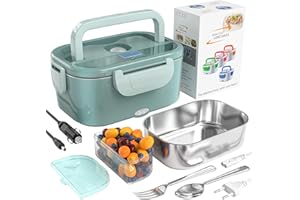 Fishoney Scaldavivande Elettrico Portatile, Porta Pranzo di Acciaio Inossidabile 1,5 L, con Forchetta e Cucchiaio e 2 Contenitori Removibili, 3 in 1(12V/24V/220V), per Auto/Camion/Ufficio/Casa