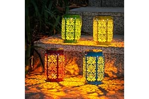 Farolillos Solares OxyLED para Exterior - Pack de 4 Colores (Azul/Amarillo/Rojo/Verde), IP44 Impermeable, Decoración Jardín Estilo Marroquí con Motivo de Rosas - Ideal para Terraza, Valla y Mesa